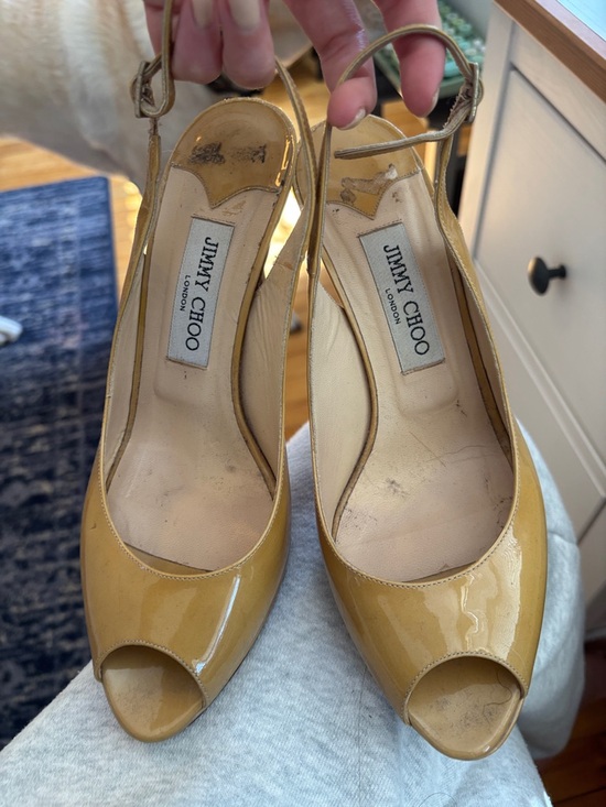 Jimmy Choo Shoes - Jimmy Choo Mustard Yellow Peep-Toe Slingback Heels